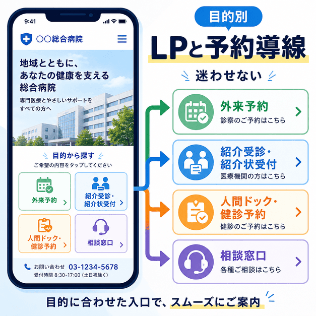 総合病院のLPで、外来予約・紹介受診・人間ドック・相談窓口を目的別に案内する導線図