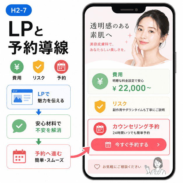 美容皮膚科のLPで費用・リスク・予約導線を分かりやすく配置し、予約へ進める構成を示したイラスト