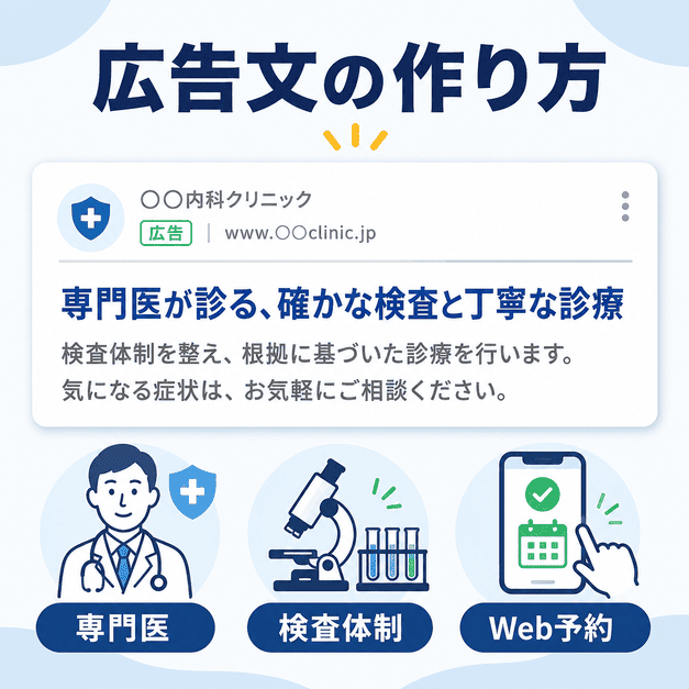 糖尿病・内分泌内科の広告文で専門医、検査体制、Web予約などを誠実に伝えるイラスト