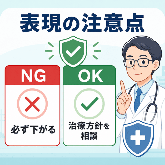 医療広告で避けたい断定表現と安全な表現をNG・OKで比較したガイドライン図解