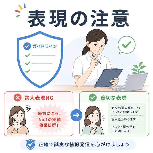 医療広告ガイドラインを踏まえ、誇大表現を避けて正確で誠実な表現に整える様子を示した図解