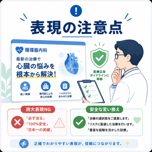医療広告ガイドラインに配慮し、誇大表現を避けて安全な言い換えを行う注意点を示したイラスト