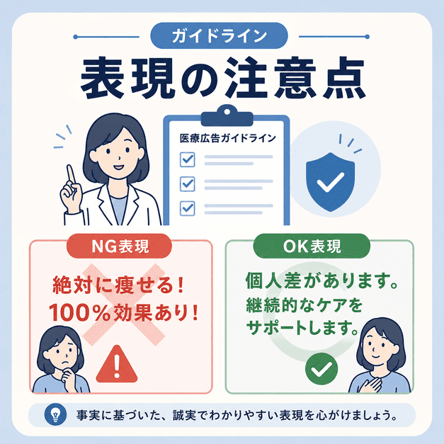 医療広告ガイドラインに配慮し、NG表現と適切な表現を比較しているイラスト