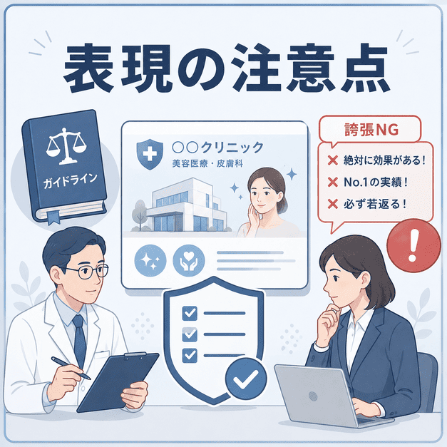 医療広告ガイドラインに配慮し、誇張表現や比較優良表現を避けて広告文を確認するイラスト