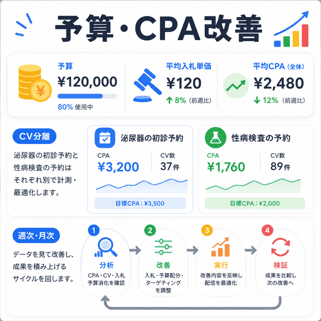 泌尿器科の初診予約と性病検査予約を分けてCPAを計測し、予算や入札を改善する流れを示したダッシュボード図解