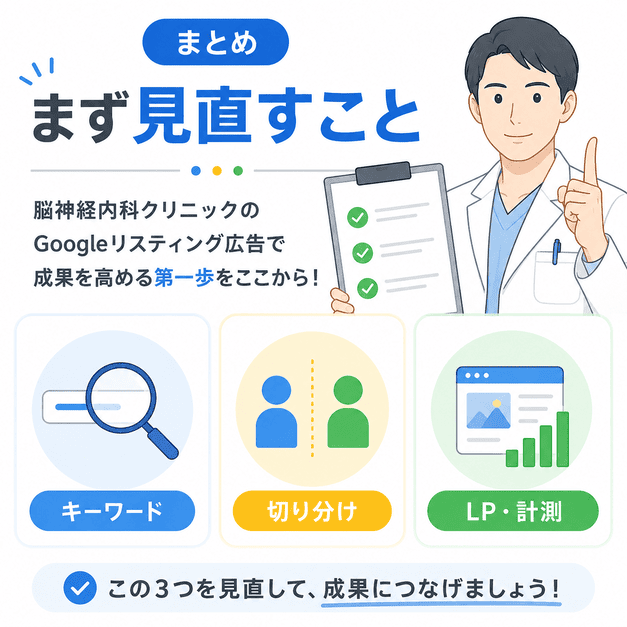 脳神経内科のGoogleリスティング広告で、キーワード・切り分け・LP計測を見直すポイントをまとめた画像