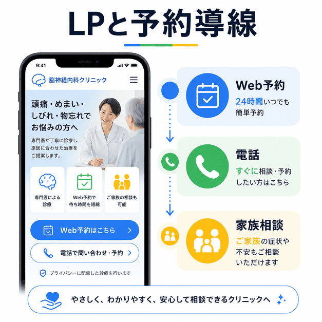 脳神経内科クリニックのLPで、Web予約・電話・家族相談への導線を分かりやすく整理したスマホ向け画面