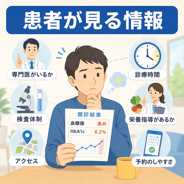 健診で血糖値やHbA1cを指摘された患者が、専門医や検査体制、診療時間などを確認しているイラスト