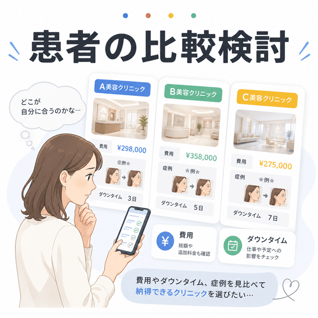 患者が美容外科クリニックの費用・症例・ダウンタイムをスマホで比較検討しているイラスト