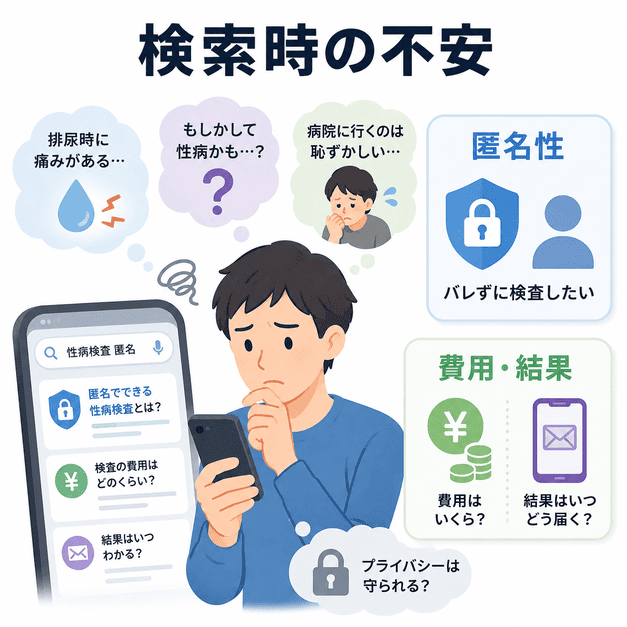 排尿痛や性病検査を検索する患者が、匿名性や費用、検査結果への不安を抱えている様子を表したイラスト