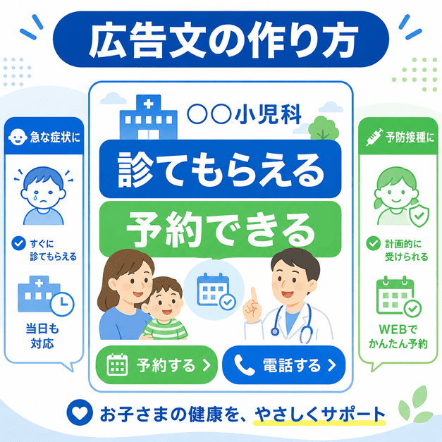 小児科広告で「診てもらえる」「予約できる」を分かりやすく伝え、電話やWeb予約へ誘導するイラスト
