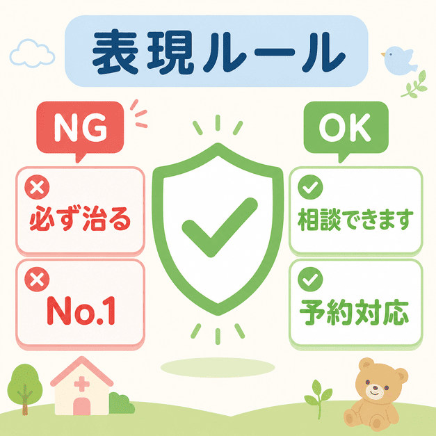 小児科広告で避けたい断定表現や比較表現と、相談・予約対応など安全な表現を示すイラスト