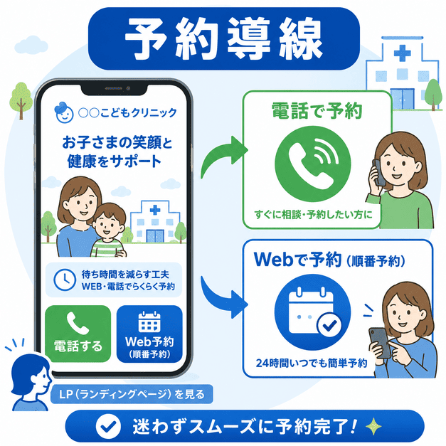 小児科のLPから電話予約やWeb予約へ迷わず進める予約導線を示すイラスト