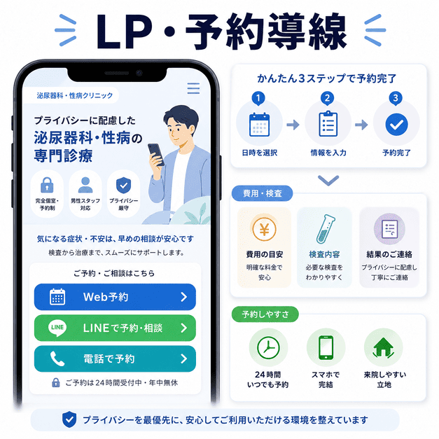 泌尿器科・性病クリニックのLPで、費用や検査内容を示しながらWeb予約やLINE相談へ誘導する流れを表した図解