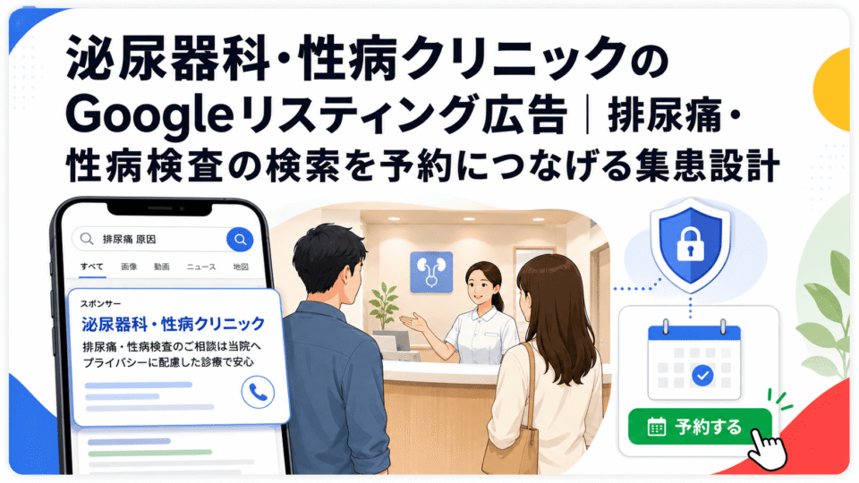泌尿器科・性病クリニックのGoogleリスティング広告で、排尿痛や性病検査の検索を予約につなげる流れを表した画像