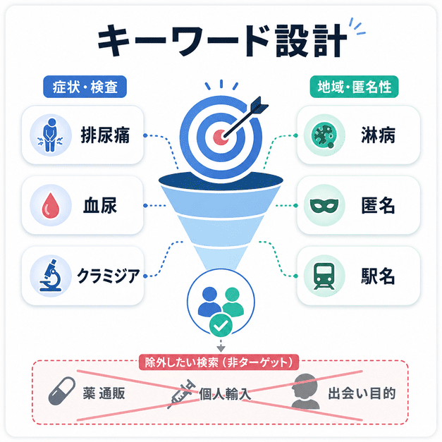 排尿痛や血尿、クラミジア、淋病、匿名性、駅名などのキーワードを整理してターゲティングする流れを表した図解