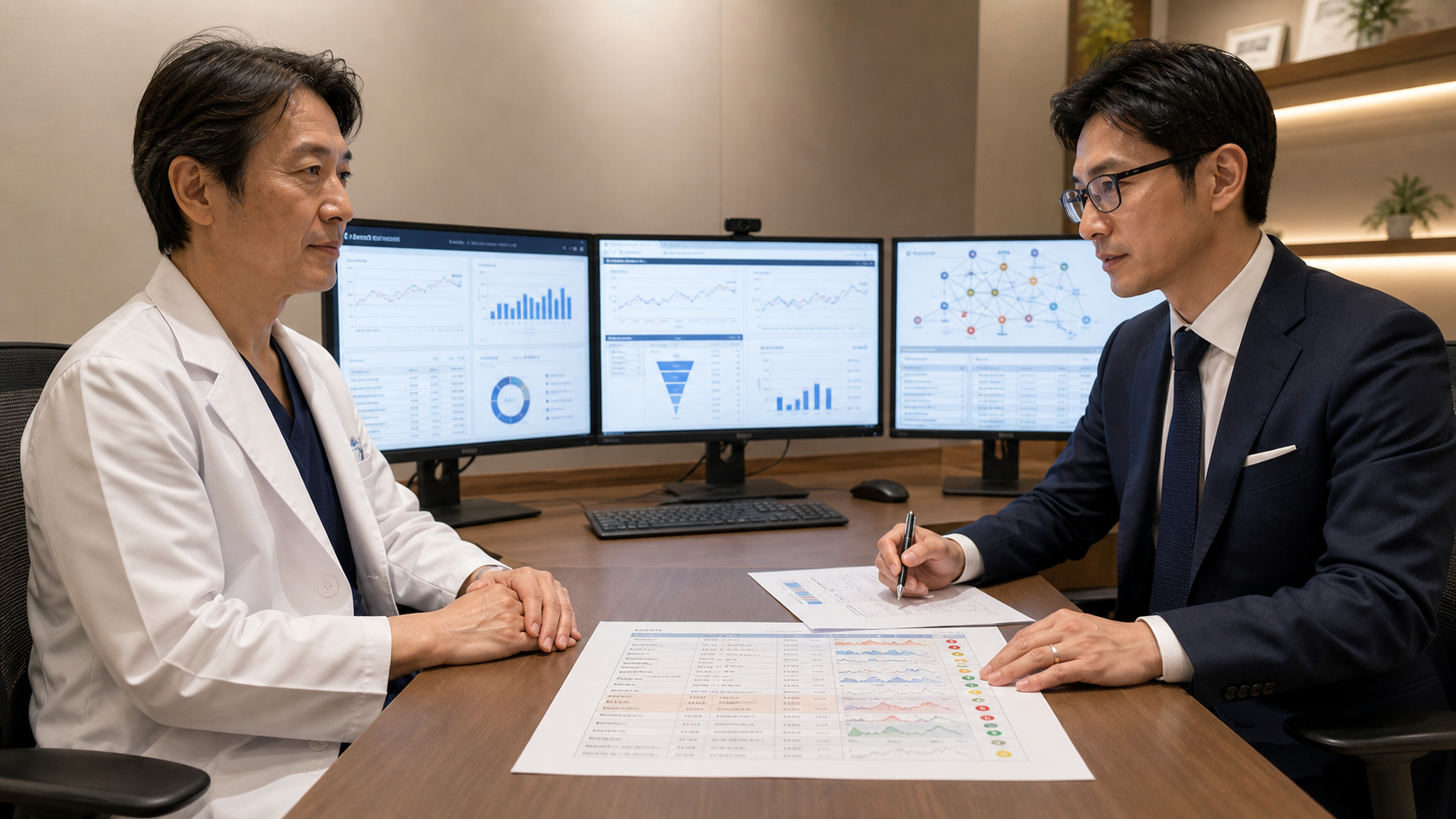 医師と眼鏡をかけたスーツ姿の担当者が、Search Console、GA4、広告、AI検索、予約の適合度を含む複数データを比較している様子
