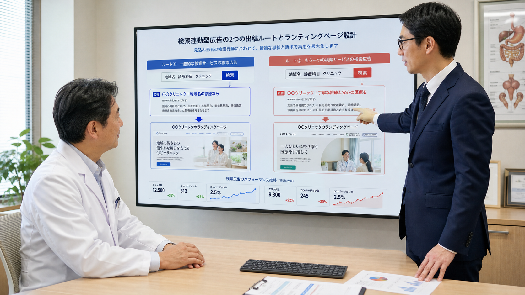 医師と眼鏡をかけたスーツ姿の担当者が、Google広告とYahoo!広告に分かれる二つの検索導線と着地ページを確認している様子