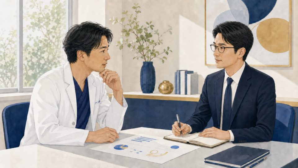 眼鏡とスーツ姿の山岡がクリニック院長から診療方針や得意分野を聞いている様子