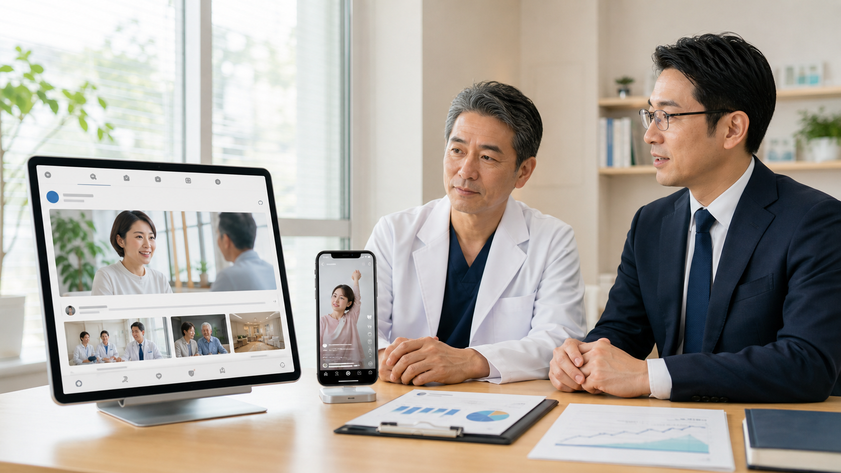 医師と眼鏡をかけたスーツ姿の担当者が、Instagram向けの縦型フィードとFacebook向けの説明型フィードを比較している様子