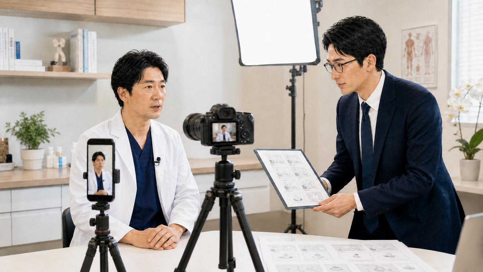 両手を机の上に置いたクリニック院長を、市販のデジタルカメラと縦向きスマートフォンの2台体制で撮影している様子