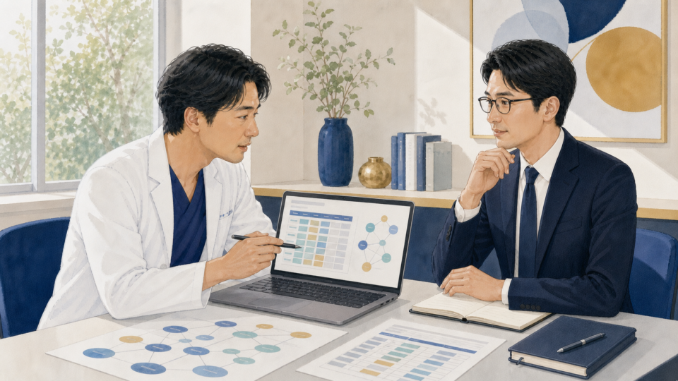 眼鏡とスーツ姿の山岡とクリニック院長がトピッククラスター管理表を検討している様子